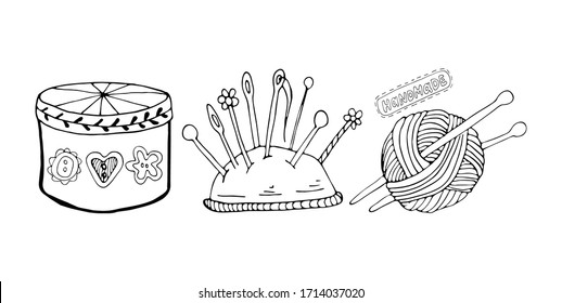 Sewing sketch with needlework, yarn, box and handmade lettering. Hand drawing doodles vector illustration.