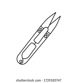 Tijeras de serpenteo. Accesorios de coser para artesanías de corte transversal. Cortes para el fabricante profesional de ropa, afilado para el corte de tela, calado, terciado. herramienta de bordado. Doodle. Concepto de trabajo necesario. Dibujo de mano 