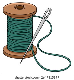 Sewing spool with threaded needle isolated