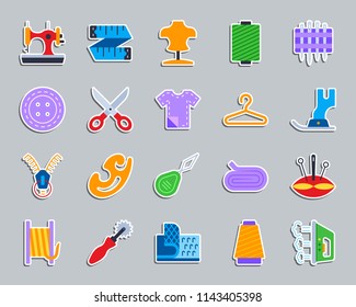 Sewing sticker icons set. Web flat sign kit of fashion. Embroidery pictogram collection includes iron, tracing wheel, zip. Simple sewing symbol. Colorful icon for patch, badge pin. Vector Illustration