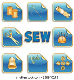 Sewing Stickers for DIY fashion projects, tailoring, needlework, dressmaking: needle, thread, scissors, pin cushion, thimble, buttons, tape measure, label, gold and blue background. EPS8 compatible.