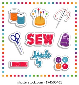 Sewing Stickers for do it yourself fashion tailoring, dressmaking, needlework, crafts: needle, thread, scissors, pincushion, label, thimble, button, tape measure,  rainbow frame, EPS8 compatible.