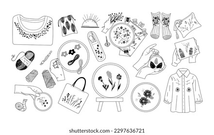 Sewing stickers line set. Collection of graphic elements for website. Hands with thread and needle. Seamstress and atelier, tailor. Cartoon flat vector illustrations isolated on white background