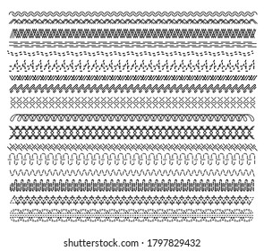 Sewing Stitch. Black And White Embroidery And Sew Seamless Pattern. Machine Thread Overlock Zigzag Seam Element. Sewing Stitch Big Set Illustration. Vector Line Border Isolated On White Background