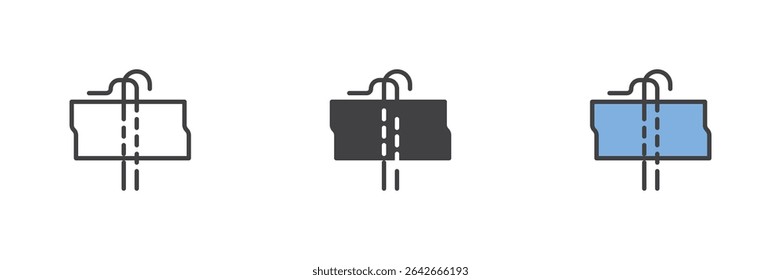 Sewing stitch icon with needle in line, solid, and colorful outline styles. Vector symbol representing textile stitching and garment construction tool icon.