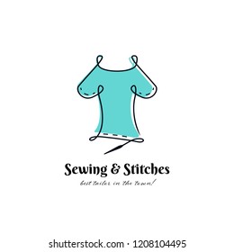 Sewing and stitches best tailor logo. outline flowing line style symbol