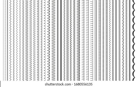 Sewing stitches. Embroidery seams seamless pattern. Vector. Set of machine thread sew brushes. Overlock zigzag elements. Line border isolated on white background. Simple graphic illustration.