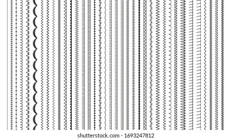 Sewing stitches. Embroidery seams seamless pattern. Vector. Set of machine thread sew brushes. Overlock fabric elements. Line border isolated on white background. Simple graphic illustration.