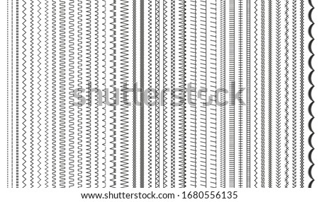 Sewing stitches. Embroidery seams seamless pattern. Vector. Set of machine thread sew brushes. Overlock zigzag elements. Line border isolated on white background. Simple graphic illustration.