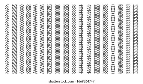 Sewing stitches. Embroidery and textile stitching vector illustration, abstract sew stitched seam lines, machine stitch patterns isolated on white background