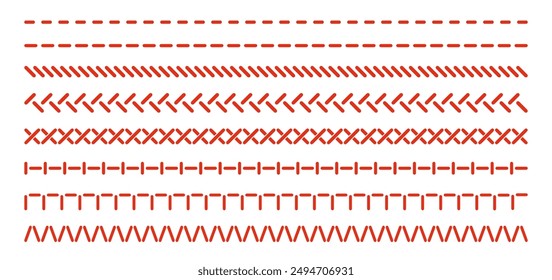 Sewing stitches line set isolated on white. Different types of thread seam pattern, classic straight, cross, overlock, fringe, zigzag. Vector clipart for seamless brush, embroidery or sewing texture.