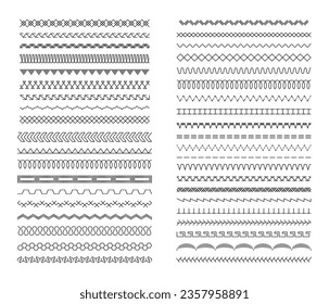 Sewing stitches. Seamless pattern brushes, embroidery borders. Fabric seam, thread textile endless dividers. Embroidery machine stitch isolated vector set. Divider lines of different design