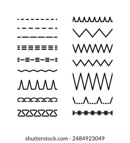 Sewing stitches set. Overlock zigzag seamless elements. Embroidery seams. Machine thread sew brushes. Simple graphic illustration. Line border isolated on white background.