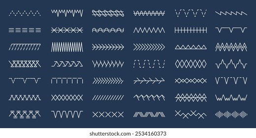 Costura de puntos. Estructuras y diferentes tipos de líneas de puntada de ornamento de bordado conjunto de Plantillas de Vector recientes