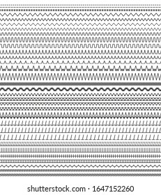Sewing stitches. Vector. Seamless embroidery and sew brush. Set of machine thread seams. Line border isolated on white background. Simple illustration. Overlock zigzag element.
