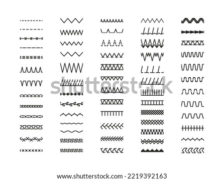 Sewing stitches zigzag seamless elements. Overlock embroidery seams. Vector. Set of machine thread sew brushes. Simple graphic illustration. Line border isolated on white background.