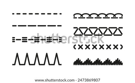 Sewing stitches zigzag seamless elements. Machine thread sew brushes. Set of overlock embroidery seams. Vector. Simple graphic illustration. Line border isolated on white background.