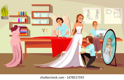 Sewing studio, atelier flat vector illustration. Young bride, tailor and dressmakers cartoon characters. Wedding dress fitting process, professional tailoring workshop. Clothes designer workplace