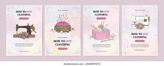 Sewing studio banner design set. Workshop knitting flyer with hand drawn vector sew element. Vintage clothing guide, web courses advertisement wallpaper. Dressmaker retro card