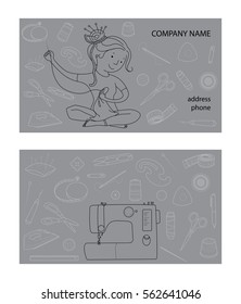 Sewing studio business card vector template, Hand sewn concept, Seamstress and sewing tools, Thin line cartoon style