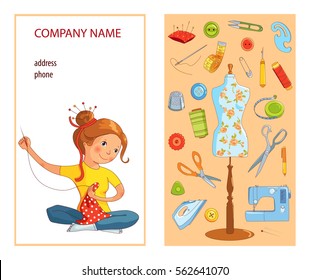 Sewing studio business card vector template, Hand sewn concept, Seamstress and sewing tools, Cartoon style