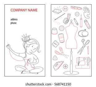 Sewing studio business card vector template, Hand sewn concept, Seamstress and sewing tools, Thin line cartoon style