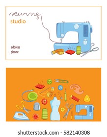 Sewing studio business card vector template, Hand sewn concept, cartoon style