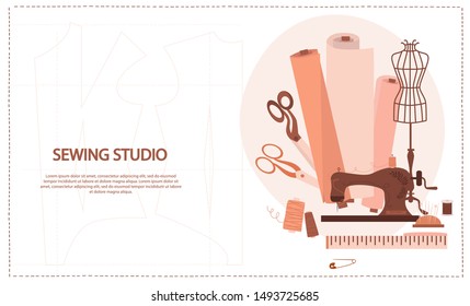 Sewing Studio Concept. Tailor Create Outfit and Apparel, Assistant Working with Mannequin. Creative Atelier Web Page. Editable vector illustration. 