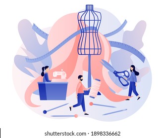 Sewing studio concept. Tiny people tailors create outfit and apparel on mannequin in workshop or atelier use sewing machine, , tools and materials. Modern flat cartoon style. Vector illustration