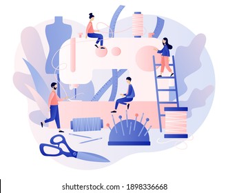 Sewing studio concept. Tiny people tailors create outfit and apparel in workshop or atelier use big sewing machine, mannequin, tools and materials. Modern flat cartoon style. Vector illustration