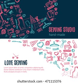 sewing studio doodle illustration. handicraft set of sie banners with needle, sewing machine, sewing pin, yarn.