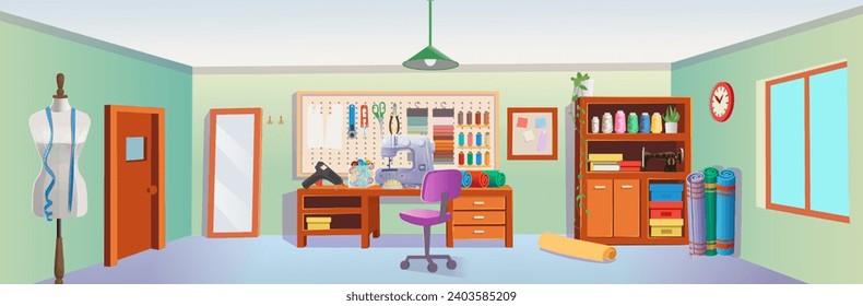 Sewing studio with sewing machine, mannequin, clothes on a hanger, threads and sewing tools.Vector illustration in cartoon style.