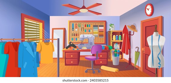 Sewing studio with sewing machine, mannequin, clothes on a hanger, threads and sewing tools.Vector illustration in cartoon style.