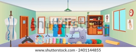 Sewing studio with sewing machine, mannequin, clothes on a hanger, threads and sewing tools.Vector illustration in cartoon style.