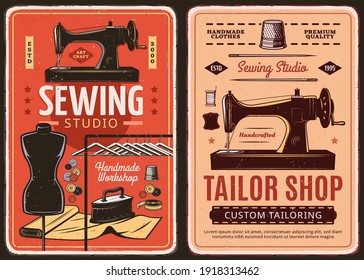 Nähstudio und Retro-Poster der Schneiderei. Maßgeschneiderte Schneide- und Bekleidungsreparaturwerkzeuge mit Vintage-Bannern mit alter Hand, Kleiderform und Nadeln, Knöpfen, Eisen und dünner Vektorgrafik