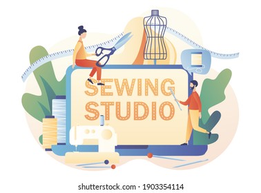 Sewing studio web site. Big laptop, sewing machine, mannequin, tools and materials. Tiny people tailors create outfit and apparel in workshop or atelier. Modern flat cartoon style. Vector illustration