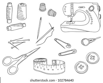 Sewing stuff and tools - hand-drawn illustration