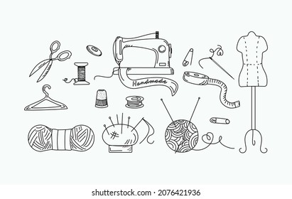 Sewing supplies drawings in doodle style. Handmade set.  Vector icons - sewing machine, mannequin, thread, scissors, needles. Sewing tools. Isolated background.