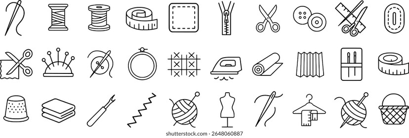 Sewing Supplies and Knitting Essentials Stroke Icon Collection. Features Tools for Tailors, Crafters, and DIY Designers.