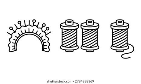Sewing supplies: lace trim and thread spools icons with black and white