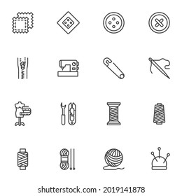 Sewing supplies line icons set, outline vector symbol collection, linear style pictogram pack. Signs, logo illustration. Set includes icons as sewing machine, mannequin, fabric, scissors, thread spool