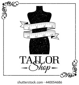 Sewing Supplies - Mannequin and tape measure. Black and white logo or black-and-white banner. Using vintage frame and grunge texture. Tailor shop Banner