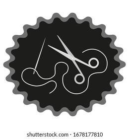 Sewing supplies. Needle and thread and scissors on a dark background. The drawing 
can be used as a logo.