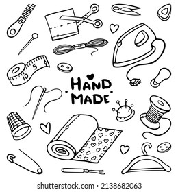Sewing Supplies Outline Doodle Vector Set. Tools for tailoring, needlework and clothing repair, wooden bobbins, needles kit, pins in decorative cushion.
