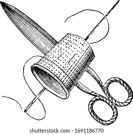 Sewing Supplies, It’s A Pair Of Scissors Along With A Needle Thread And Thimble, It Has A Wide Selection Of Industrial Sewing Related Equipment, Vintage Line Drawing Or Engraving Illustration.