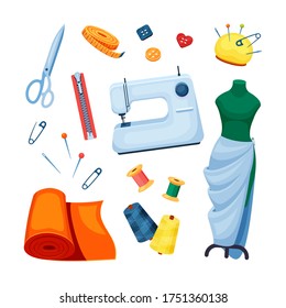 Sewing supplies set. Sewing machine white scissors mannequin fitting roll of fabric orange pin yellow bobbin thread green spool button needle zipper. Vector clipart.