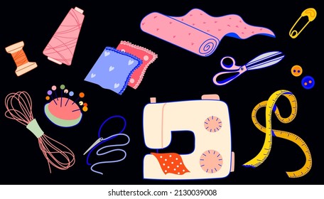 Nähsatz. Weiße Schere mit Nähmaschine, die eine Rolle mit orangefarbenem, gelbem, gegarngrünem Tupfer-Nadel-Reißverschluss für den Tuch passt. Vektorclip-Kunst. Vektorgrafik einzeln handgezeichnet bunt .