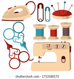 Sewing supplies set vector illustration. Composition consists of sewing-machine needle kit iron scissors spools of thread, iron  and other tools flat style design. Needlework concept. Isolated. 