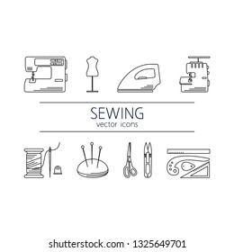 Sewing supplies vector line collection. Icon collection made in line style. Concept for infographic, banner design or web page. Template for design, fabric, print.