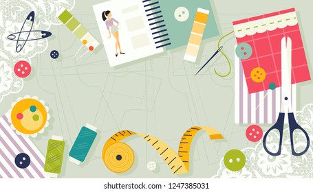 Sewing supplies. Workplace seamstress. Background with place for text. Vector illustration